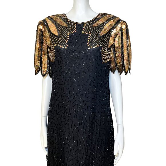 Vintage 80s 100% Silk Beaded Sequin Black Gold Cocktail Dress M/L Deco Flapper - Picture 7 of 15